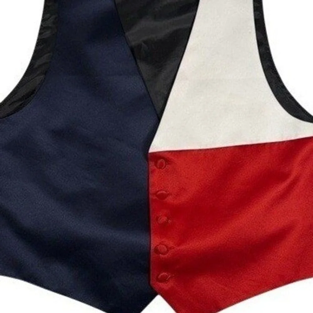 Santana Men Colorblock Formal Vest Navy White Red Satin V-Neck Large Made in USA